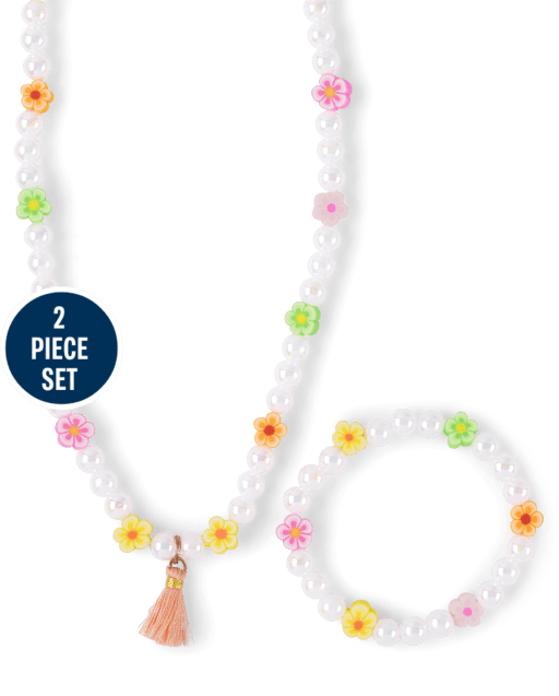 Girls Flower Beaded Necklace And Bracelet Set