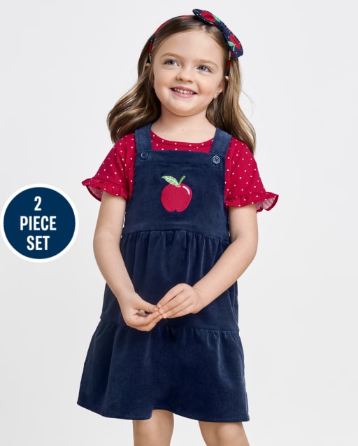 Conjunto de 2 piezas con falda de pana de manzana para niñas pequeñas