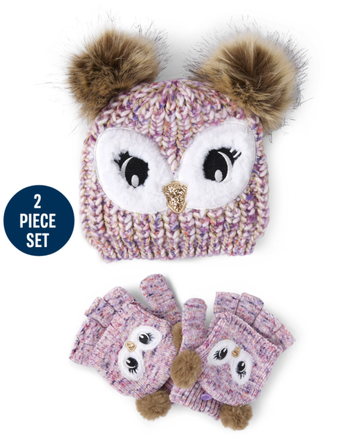 Girls Owl Hat And Mittens 2-Piece Set