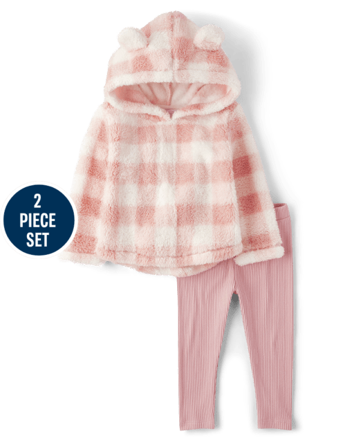 Conjunto de traje de 2 piezas con osito sherpa a cuadros de búfalo para niñas pequeñas