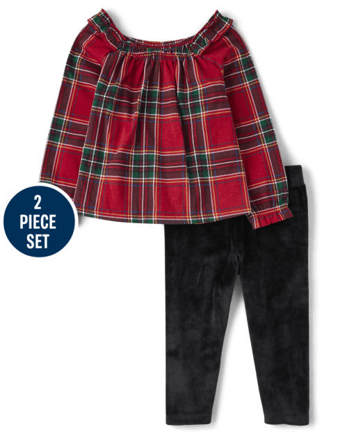 Toddler Girls Plaid Velour 2-Piece Outfit Set