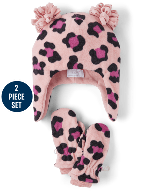 Conjunto de 2 piezas de gorro y manoplas con pompón de polar de leopardo para niñas pequeñas