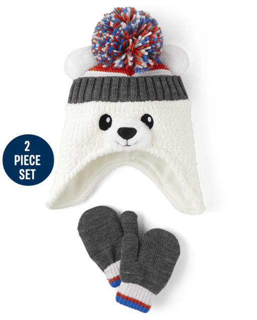Toddler Boys Polar Bear Hat And Mittens 2-Piece Set