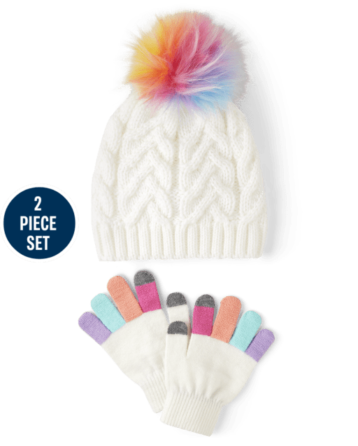 Girls Rainbow Pom Pom Beanie And Texting Gloves 2-Piece Set