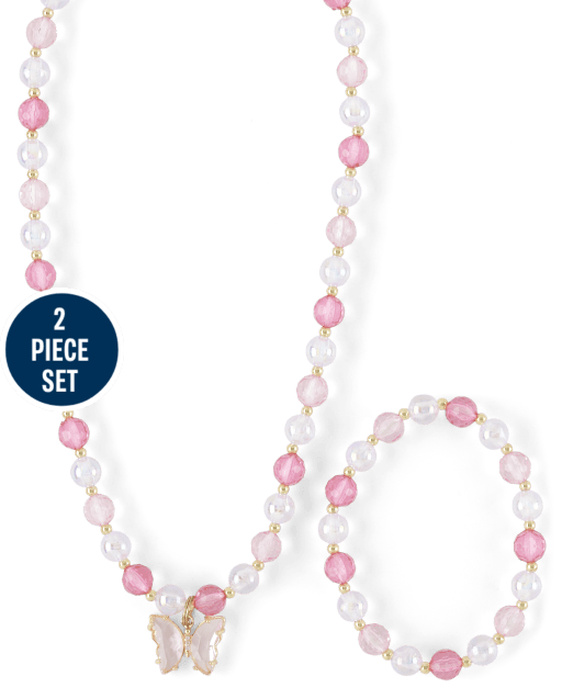 Girls Butterfly Beaded Necklace And Bracelet 2-Piece Jewelry Set