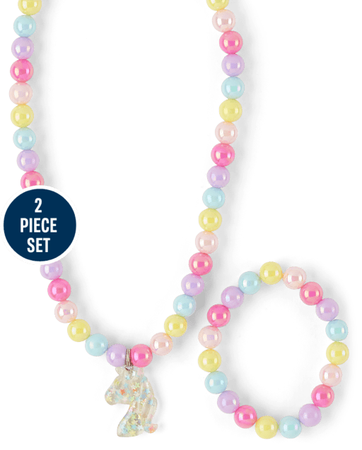 Girls Shakey Unicorn Beaded Necklace And Bracelet 2-Piece Set