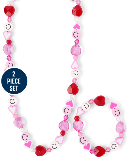 Girls Heart Beaded Necklace And Bracelet 2-Piece Set
