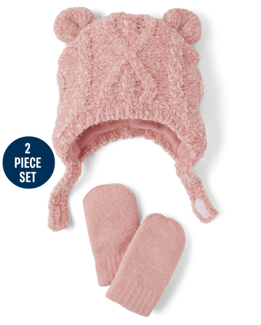 Baby Girls Cable Knit Bear Hat And Mittens 2-Piece Set