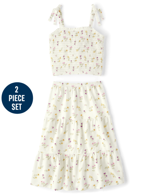 Girls Floral Midi Skirt 2-Piece Outfit Set