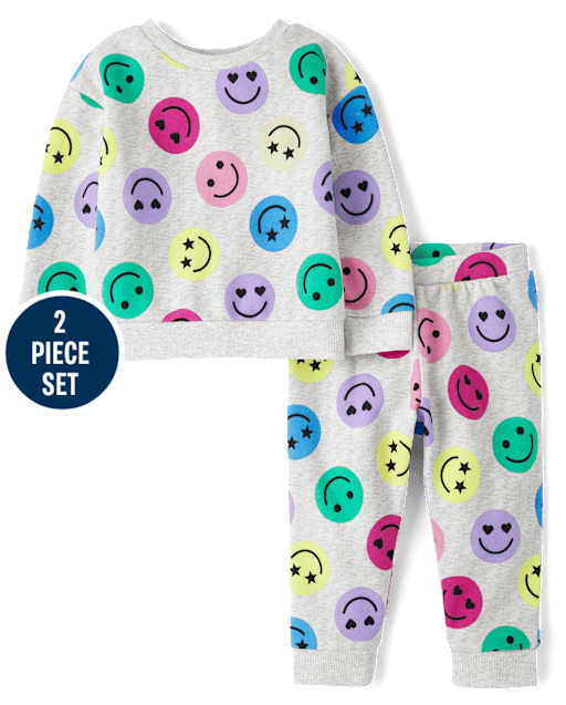 Toddler Girls Rainbow Happy Face Fleece 2-Piece Outfit Set