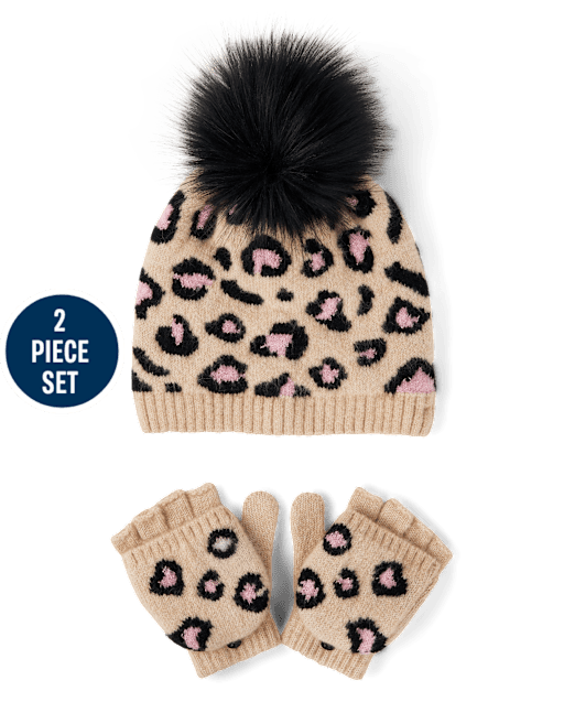 Girls Intarsia Leopard 2-Piece Cold Weather Set
