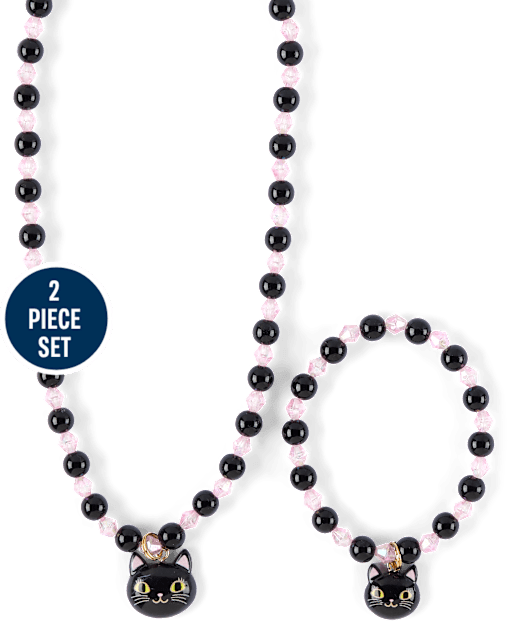 Girls Cat Beaded 2-Piece Jewelry Set