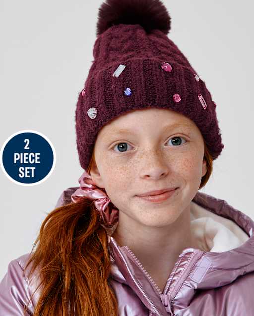 Girls Jeweled Cable Knit 2-Piece Cold Weather Set