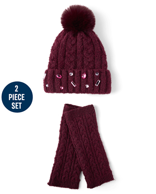 Girls Jeweled Cable Knit 2-Piece Cold Weather Set