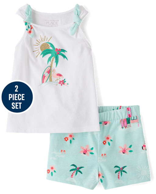 Ensemble 2 pièces pour petites filles avec nœud papillon pailleté sur le thème de la plage