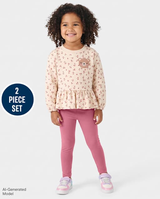 Toddler Girls Embroidered Bear 2-Piece Outfit Set