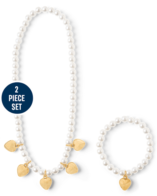 Girls Faux Pearl Beaded Heart 2-Piece Jewelry Set
