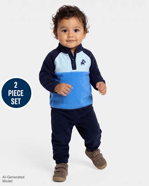 Baby Boys Embroidered Construction Vehicle Microfleece 2-Piece Playwear Set