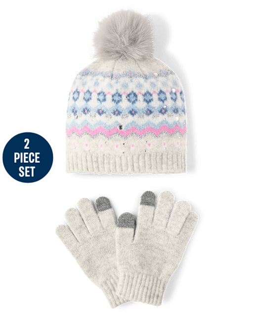Girls Rhinestone Fairisle 2-Piece Cold Weather Set