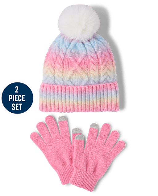 Girls Rainbow Cable Knit 2-Piece Cold Weather Set