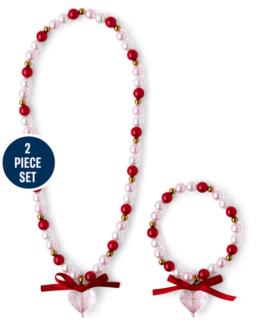 Girls Beaded Heart 2-Piece Jewelry Set