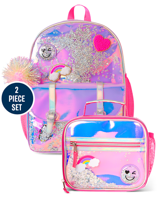 Girls Holographic Shakey Happy Face Backpack 2-Piece Set