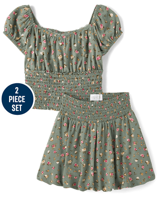 Girls Floral Smocked 2-Piece Outfit Set