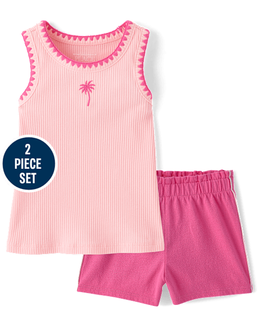 Baby And Toddler Girls Embroidered Palm Tree 2-Piece Outfit Set