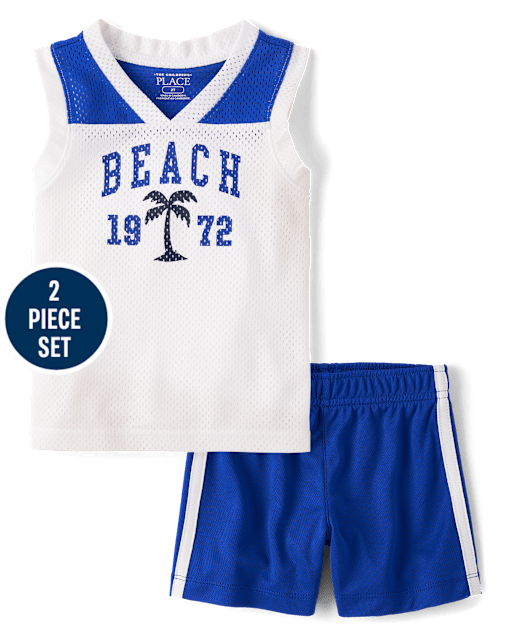 Baby And Toddler Boys Quick Dry Beach Varsity Mesh 2-Piece Outfit Set