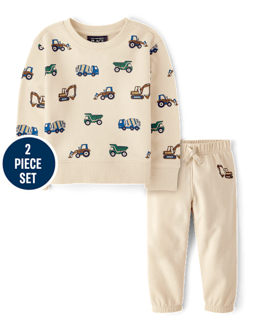 Toddler Boys Construction Vehicle Premium Fleece 2-Piece Outfit Set