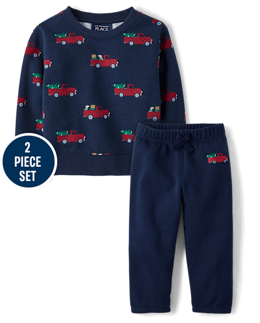 Toddler Boys Christmas Truck Premium Fleece 2-Piece Outfit Set