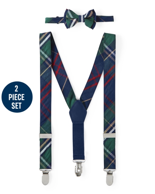 Boys Plaid Bow Tie And Suspenders Set - Family Celebrations Green