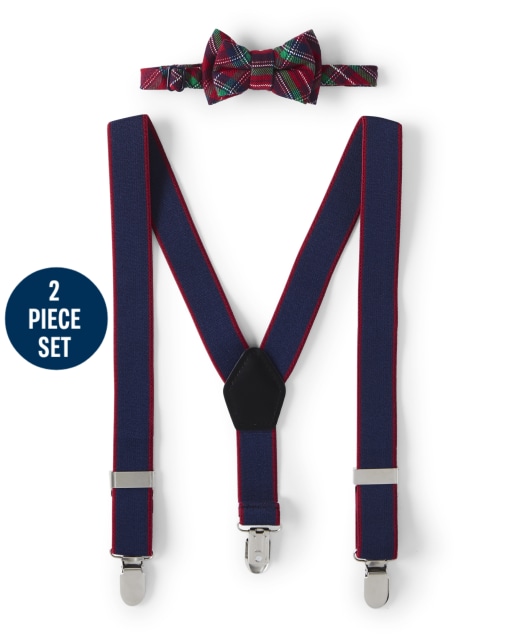 Boys Plaid Bow Tie And Suspenders Set - Family Celebrations Red