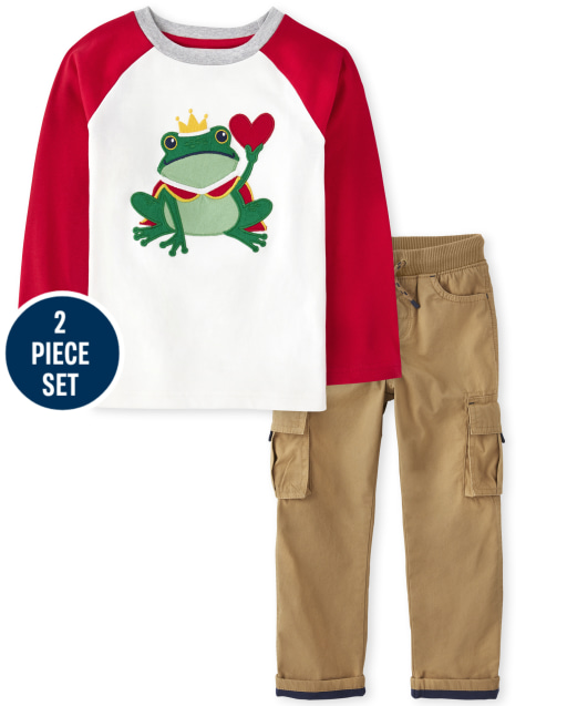 Boys Long Sleeve Embroidered Frog Top And Pull On Cargo Pants Set - Valentine Cutie