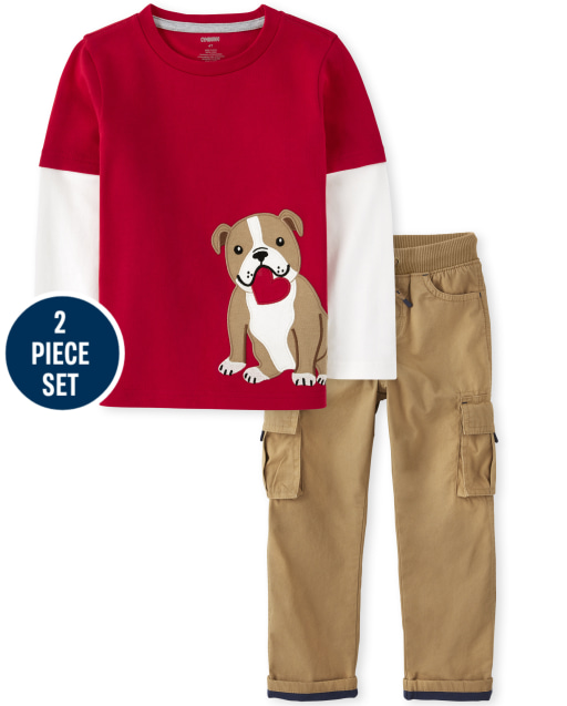 Boys Long Sleeve Embroidered Dog Layered Top And Roll Up Woven Pull On Cargo Pants Set - Valentine Cutie