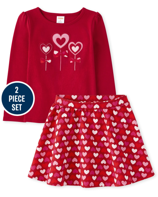 Girls Long Sleeve Embroidered Heart Lollipop Top And Heart Print Ponte Knit Skort Set - Valentine Cutie