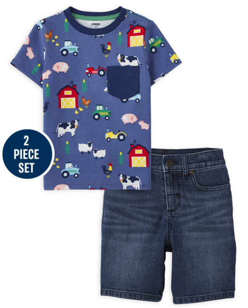 Boys Short Sleeve Animal Print Pocket Top And Denim Shorts Set - Farming Friends