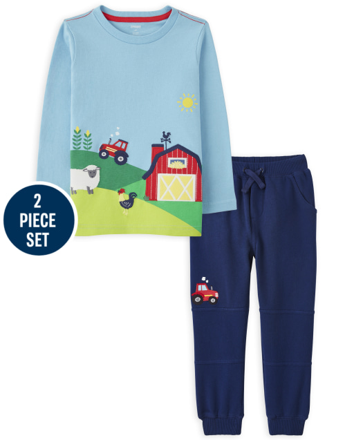 Camiseta de granja bordada para niños y pantalones tipo jogging con tirador de tractor - Farming Friends