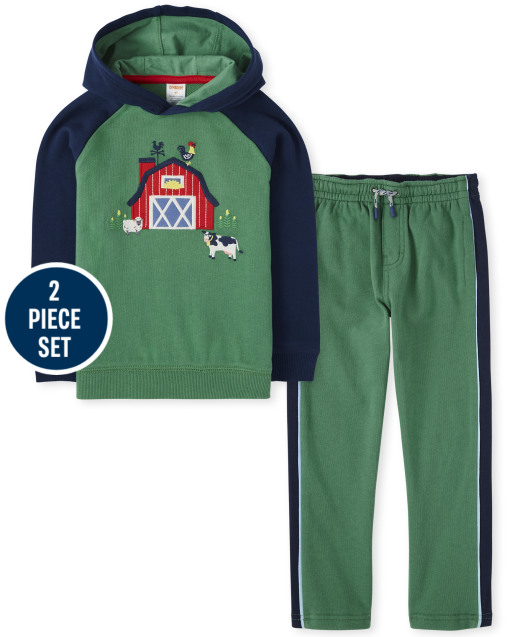Conjunto de pantalones con capucha y rayas laterales bordados para niños - Farming Friends