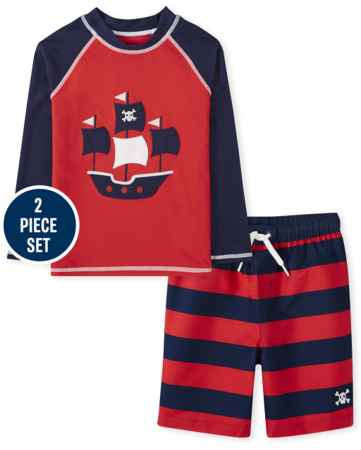 Conjunto de shorts de baño a rayas y manga raglán larga con diseño de barco pirata para niños - Splish-Splash
