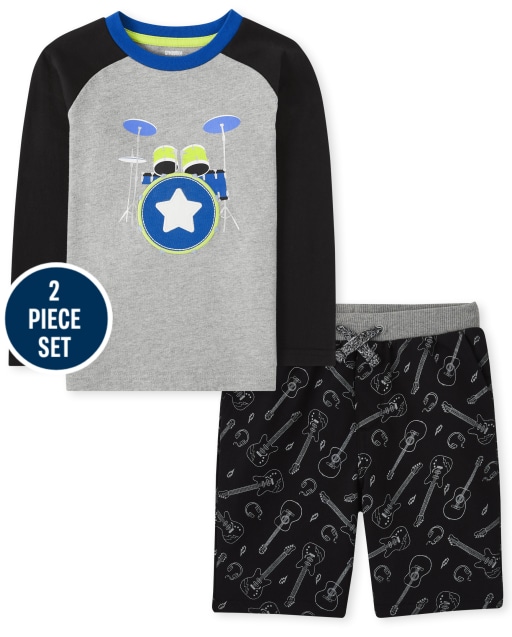 Boys Long Sleeve Embroidered Drums Raglan Top And Guitar Print French Terry Pull On Shorts Set - Rock Academy