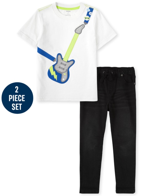 Conjunto de jeans con puños enrollados y parte superior de guitarra bordada para niños - Rock Academy