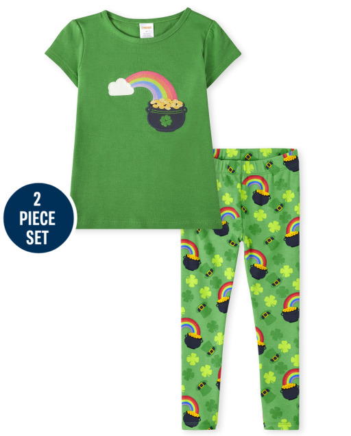 Girls Short Sleeve Embroidered Rainbow Top And St. Patrick's Day Print Knit Leggings Set - Little Leprechaun