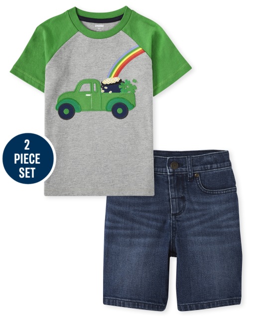 Conjunto de pantalones cortos de mezclilla y top raglán del Día de San Patricio para niños - Little Leprechaun
