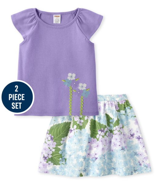 Girls Short Sleeve Embroidered Flower Flutter Top And Hydrangea Print Skort Set - Spring Blooms