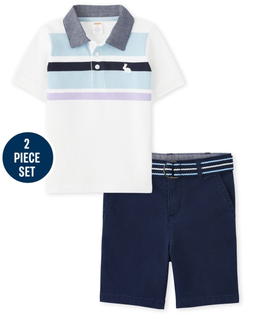 Boys Short Sleeve Colorblock Polo And Belted Twill Woven Shorts Set - Spring Blooms