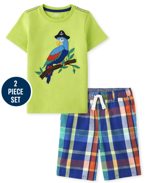 Boys Short Sleeve Embroidered Parrot Top And Plaid Woven Pull On Shorts Set - Aye Aye Matey