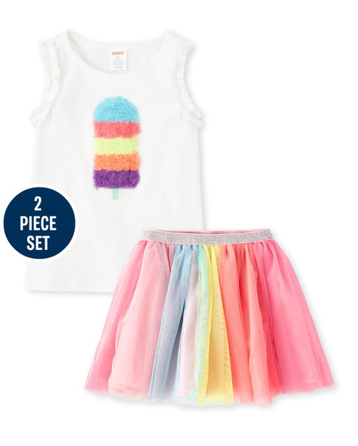 Girls Sleeveless Applique Popsicle Top And Rainbow Tutu Skirt Set - Popsicle Party