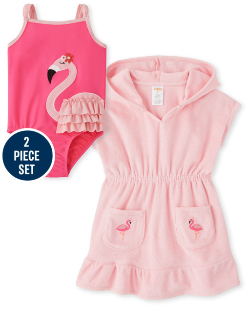 Girls Sleeveless Flamingo Ruffle One Piece Swimsuit And Short Sleeve Babydoll Cover Up Set - Splish-Splash