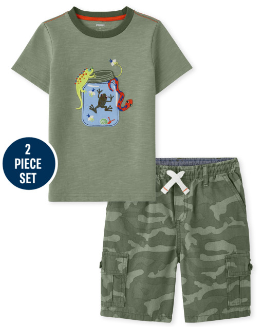 Boys Short Sleeve Embroidered Jar Top And Camo Woven Pull On Cargo Shorts Set - Backyard Explorer